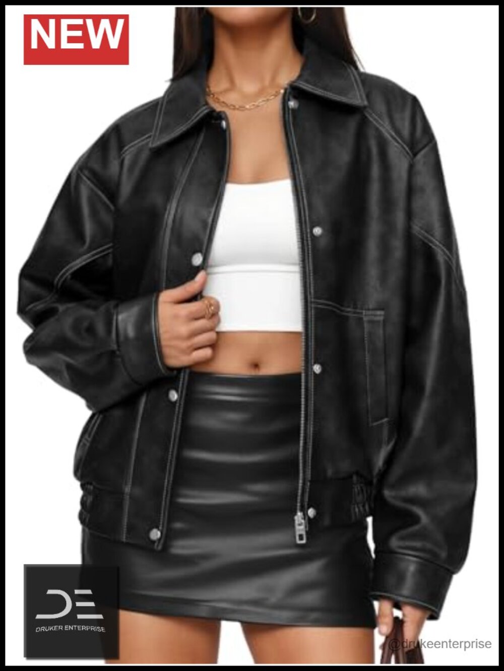 Oversized Faux Leather Jacket Zip Up Moto Biker Bomber Coat